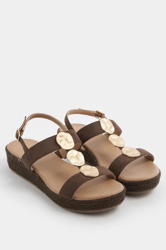  Yours Chocolate Brown Hammered Disk Wedge Sandals In Wide E Fit