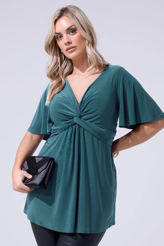 YOURS LONDON Curve Teal Blue Knot Detail Front Top