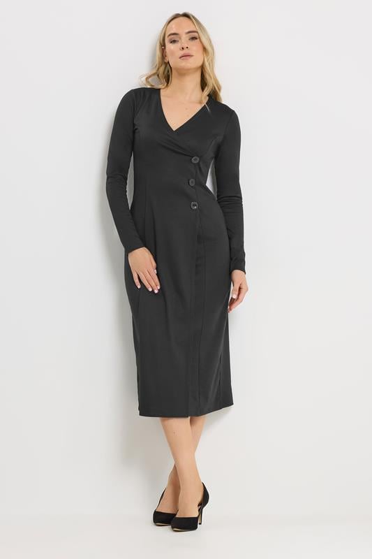  LTS Tall Black Button Wrap Midi Dress