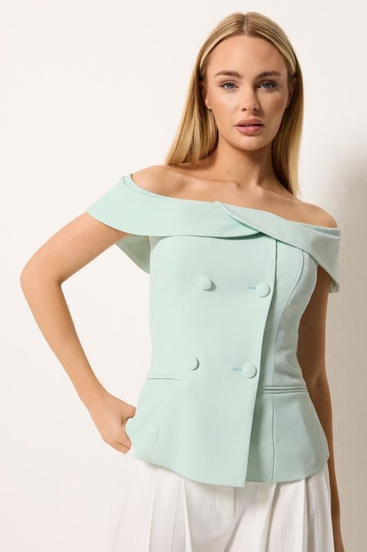  STAR Mint Green Button Detail Bardot Top