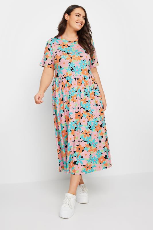 YOURS Plus Size Orange & Blue Retro Floral Print Smock Dress | Yours Clothing 3