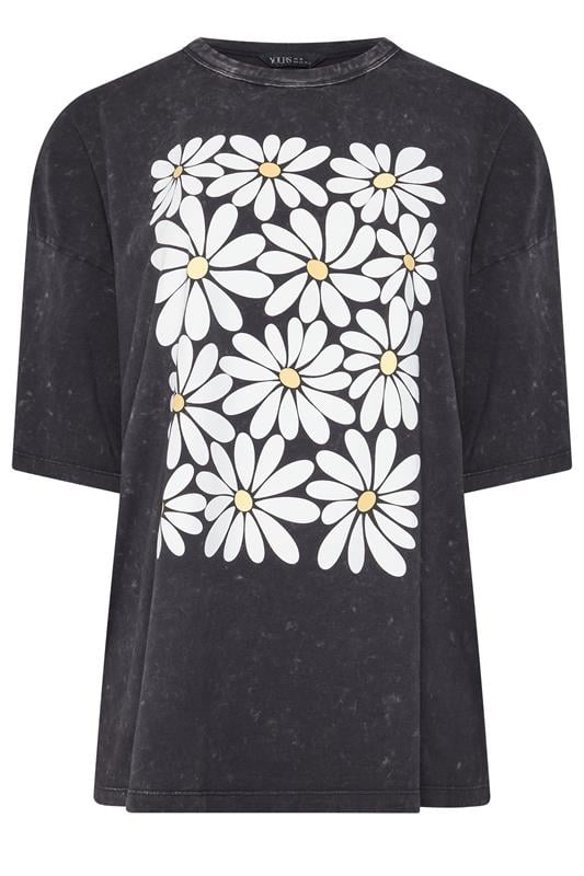 YOURS Plus Size Grey Acid Wash Boxy Daisy Print T-Shirt | Yours Clothing 1