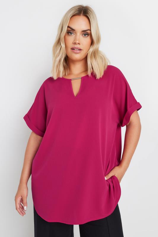 YOURS Plus Size Dark Pink Notch Neck Blouse | Yours Clothing 1