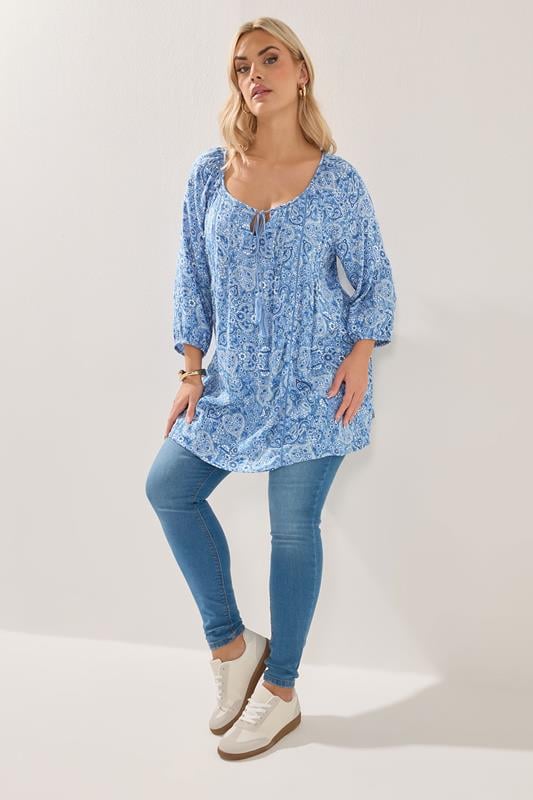 YOURS Curve Blue Paisley Print Sequin Tie Neck Top