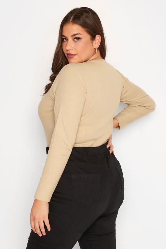 Plus Size Beige Brown Long Sleeve Ribbed Bodysuit | Yours Clothing  3