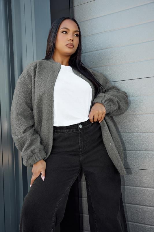 Plus Size  YOURS Curve Grey Boucle Bomber Jacket