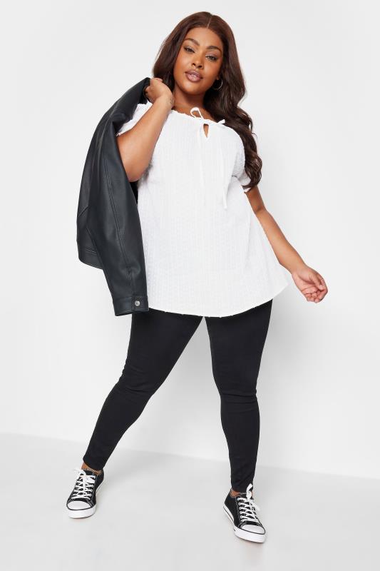 YOURS Plus Size White Dobby Tie Neck Top | Yours Clothing 2
