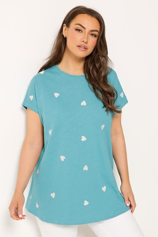 YOURS Plus Size Light Blue Embroidered Heart T-Shirt | Yours Clothing 1