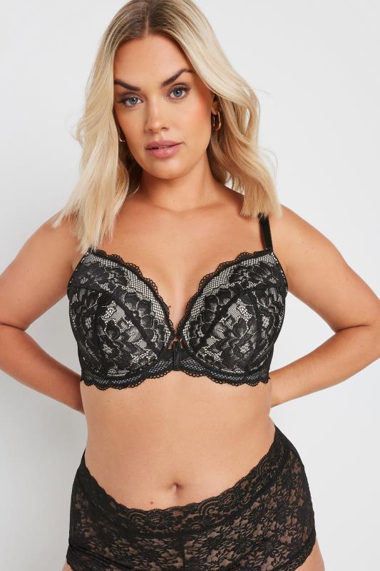 YOURS Plus Size Black Lace Padded Plunge Bra | Yours Clothing  1