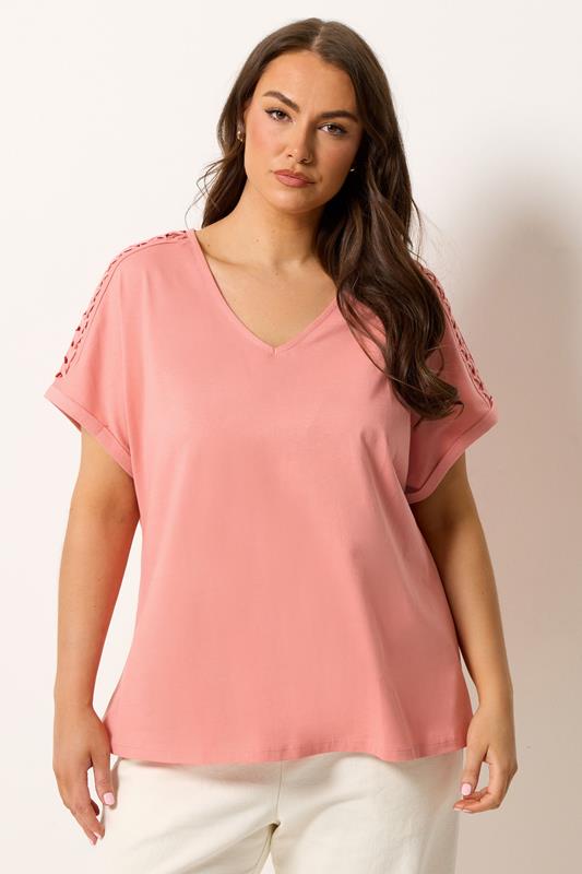 YOURS Plus Size Pink Lattice Grown On Sleeve T-Shirt | Yours Clothing 1