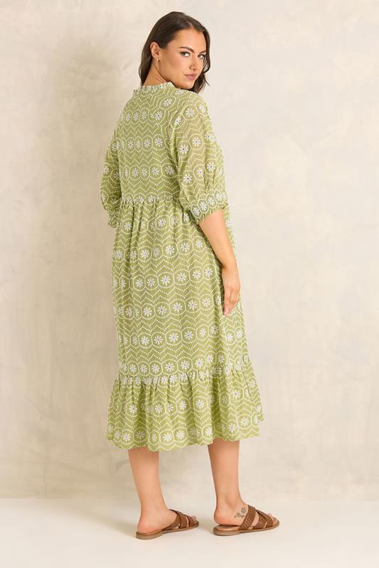 EVANS Plus Size Green Tie Neck Broderie Cotton Maxi Dress | Evans 4