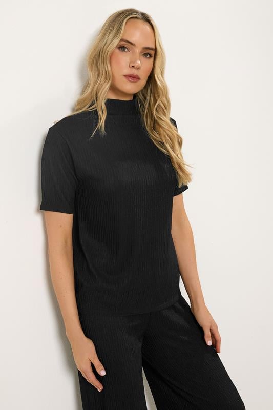 LTS Tall Black Textured Funnel Neck Top