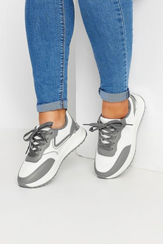 White & Grey Contrast Chunky Trainers In Wide E Fit | Yours Clothing 1