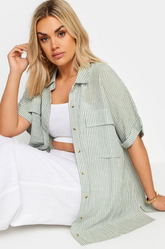 YOURS Plus Size Sage Green Stripe Linen Shirt | Yours Clothing 1