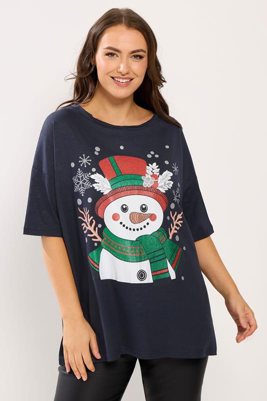 Plus Size  YOURS Curve Navy Blue Snowman Christmas Novelty T-Shirt