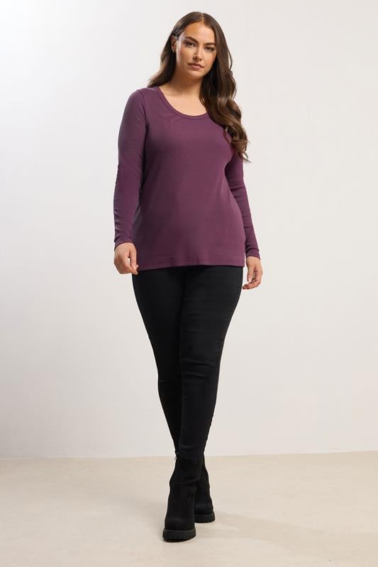 YOURS Plus Size Purple Ribbed Scoop Neck Top | Yours Clothing 1