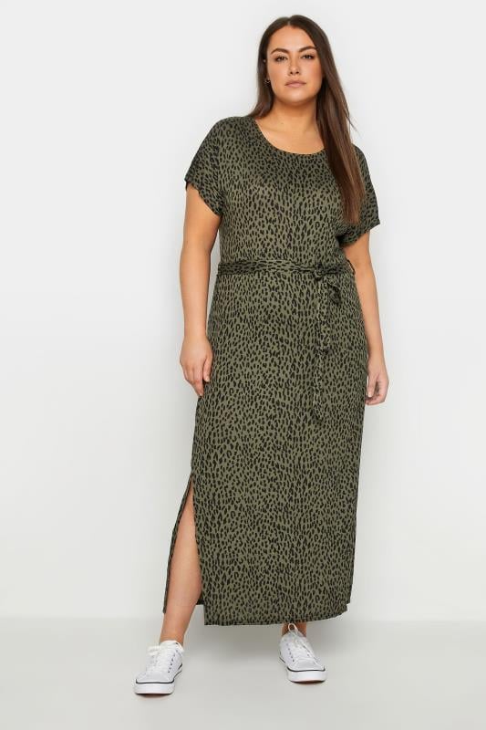 Plus Size  Evans Khaki Green Animal Print Tie Waist Maxi Dress