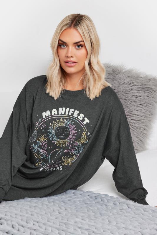 YOURS Plus Size Charcoal Grey 'Manifest Your Dreams' Slogan Long Sleeve Nightdress | Yours Clothing 2