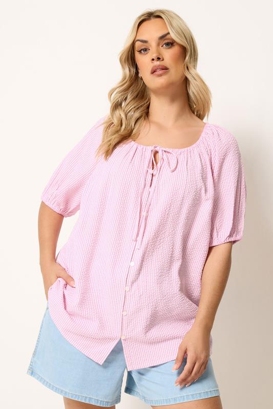 Yours Curve Pink Stripe Tie Neck Top