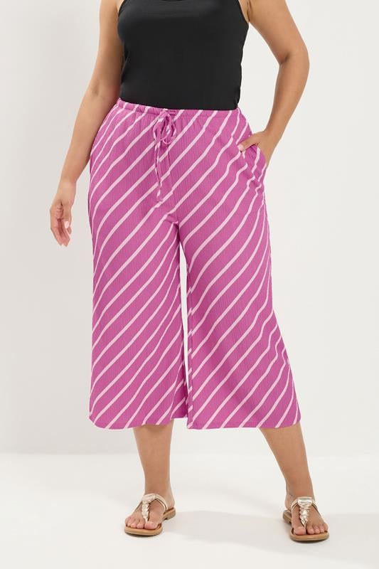  YOURS Curve Pink Striped Crinkle Culottes