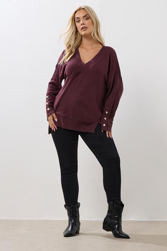 YOURS Plus Size Purple Button V-Neck Jumper | Yours Clothing 1