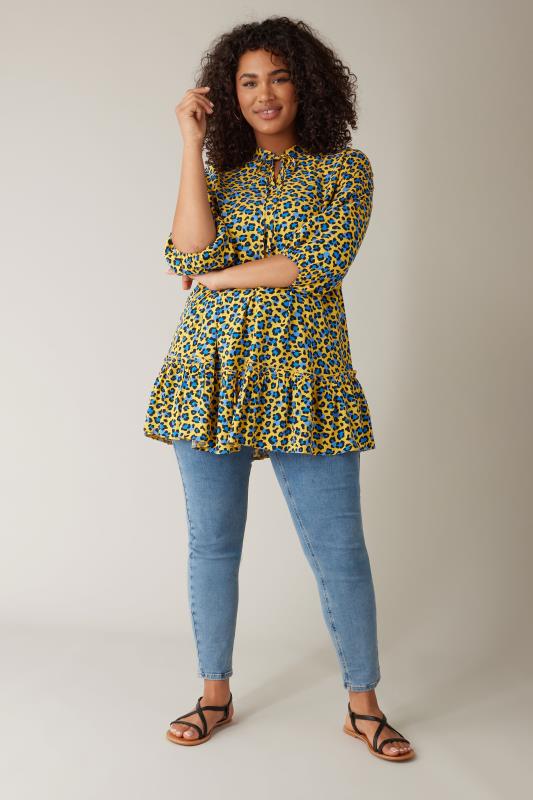 EVANS Plus Size Yellow Leopard Print Tie Neck Blouse | Evans 2