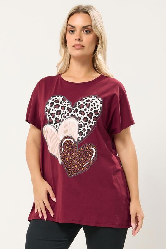  YOURS Curve Burgundy Red Animal Heart Graphic T-Shirt