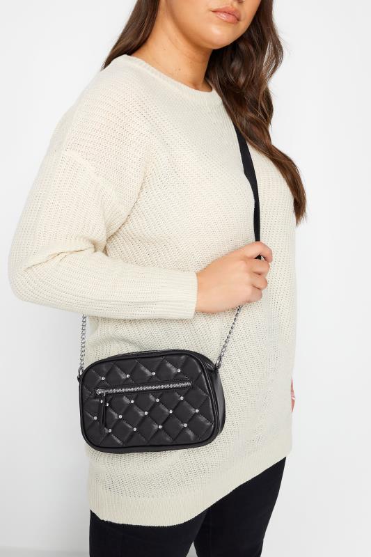 Black Quilted Stud Shoulder Bag | Yours Clothing 1