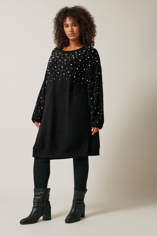 EVANS Plus Size Black Pearl Embellished Soft Touch Jumper Dress | Evans 2