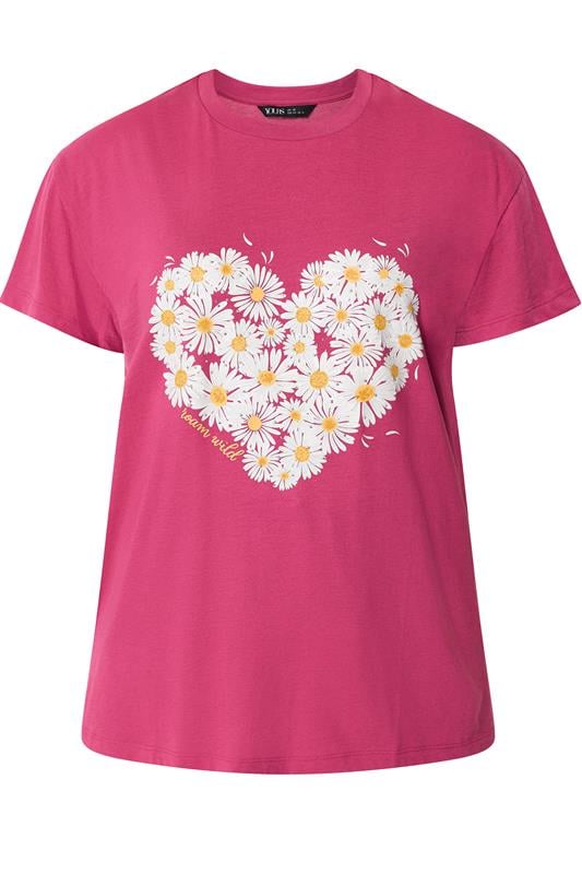 YOURS Plus Size Dark Pink Daisy Heart Print T-Shirt | Yours Clothing 5