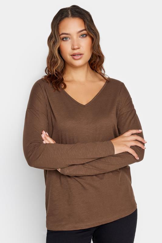 LTS Tall Brown V-Neck Long Sleeve Cotton T-Shirt | Long Tall Sally 1