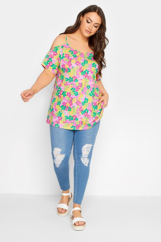 YOURS Curve Plus Size Pink Floral Cold Shoulder T-Shirt | Yours Clothing  2