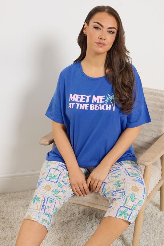  YOURS Curve Blue 'Meet Me At The Beach' Slogan Pyjama Top