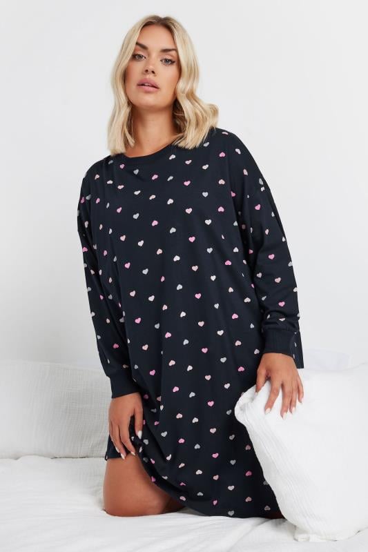 YOURS Plus Size Navy Blue Heart Print Nightdress | Yours Clothing 1