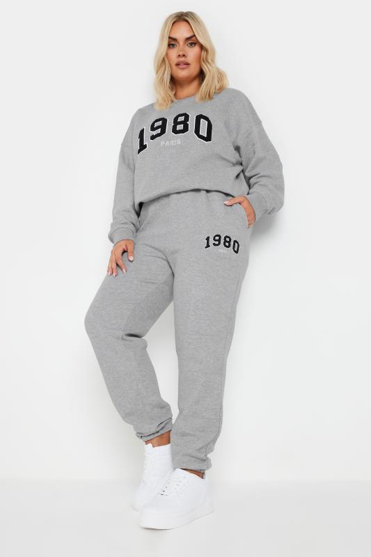 YOURS Plus Size Light Grey '1980' Slogan Joggers | Yours Clothing  2