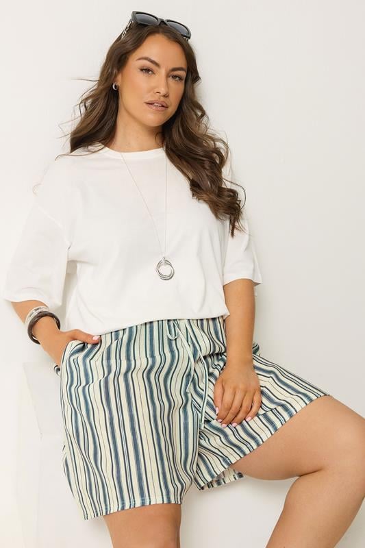 YOURS Plus Size Blue & White Stripe Shorts | Yours Clothing 1