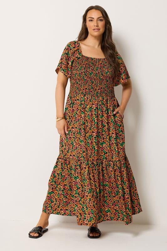  YOURS Curve Black Shirred Floral Maxi Dress