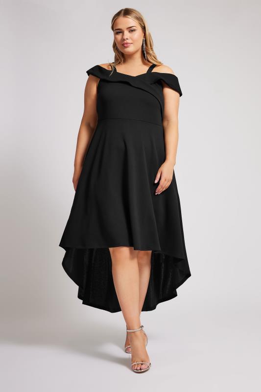 YOURS LONDON Plus Size Black Bardot Dipped Hem Dress | Yours Clothing 2