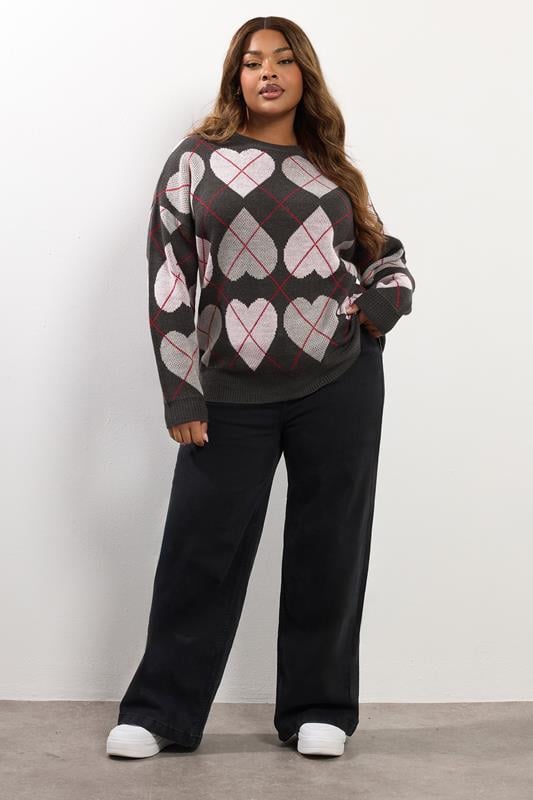 YOURS Plus Size Grey Argyle Heart Knit Jumper | Yours Clothing 1