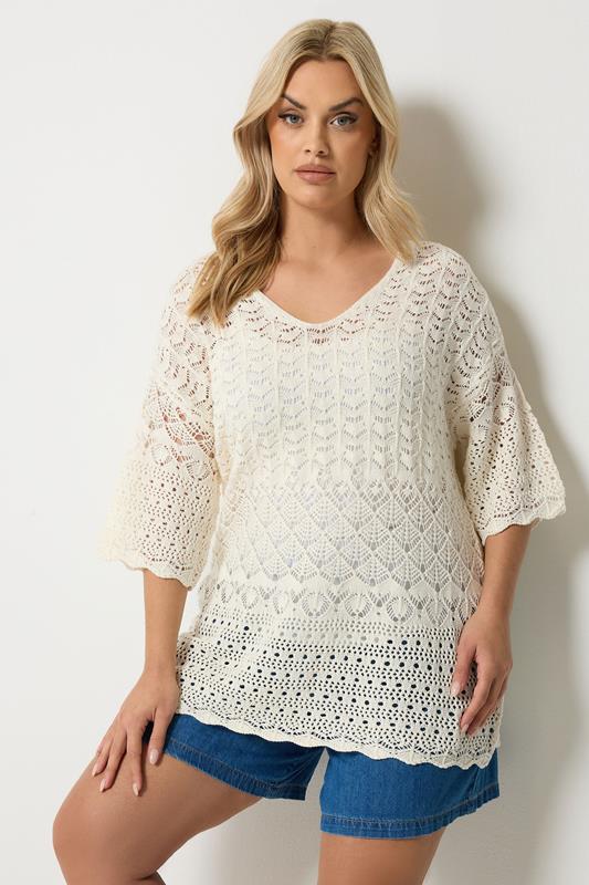 YOURS Curve Ivory White Crochet Crew Neck Top