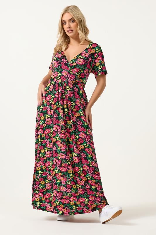 YOURS Curve Black & Pink Floral Print Wrap Dress
