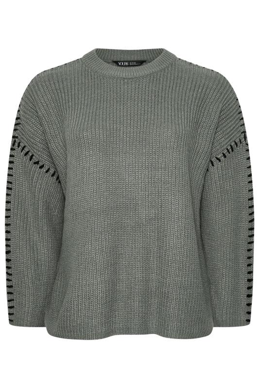 YOURS Plus Size Grey Contrast Blanket Stitch Jumper | Yours Clothing 5