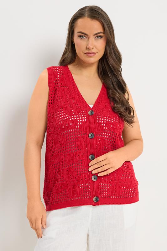  YOURS Curve Red Crochet Knitted Waistcoat