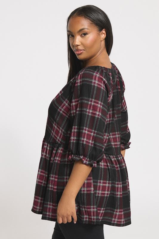 YOURS Plus Size Black Check Textured Peplum Top | Yours Clothing 2