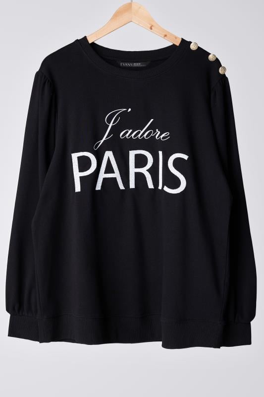 EVANS Plus Size Black 'Paris' Slogan Embroided Sweatshirt | Evans 5