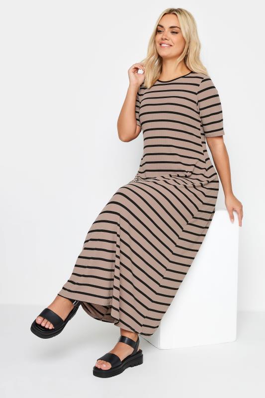 YOURS Plus Size Mocha Brown Striped Swing Maxi Dress | Yours Clothing 1