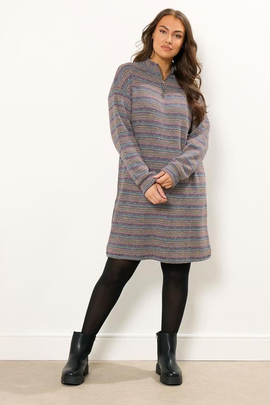 Plus Size  YOURS Curve Blue Ribbed Quarter Zip Jumper Dress