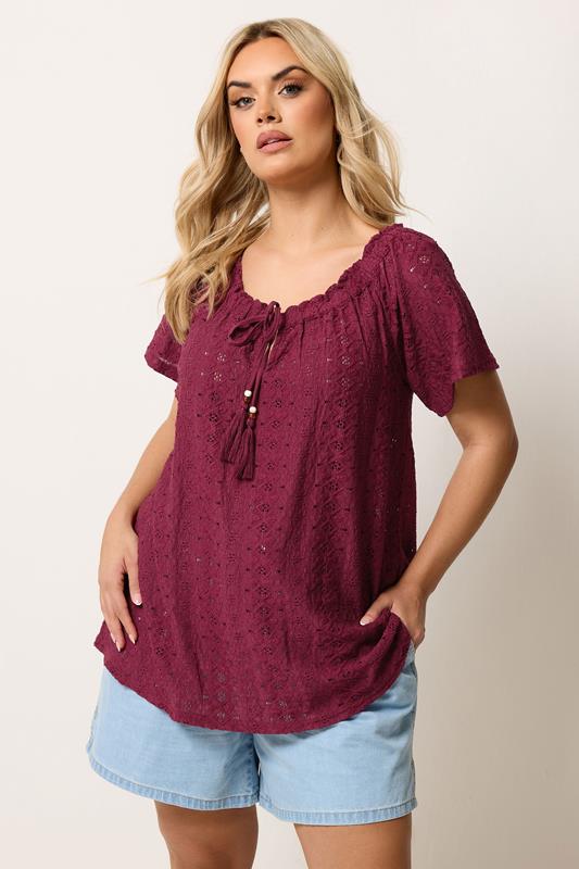 YOURS Curve Burgundy Red Broderie Anglaise Top