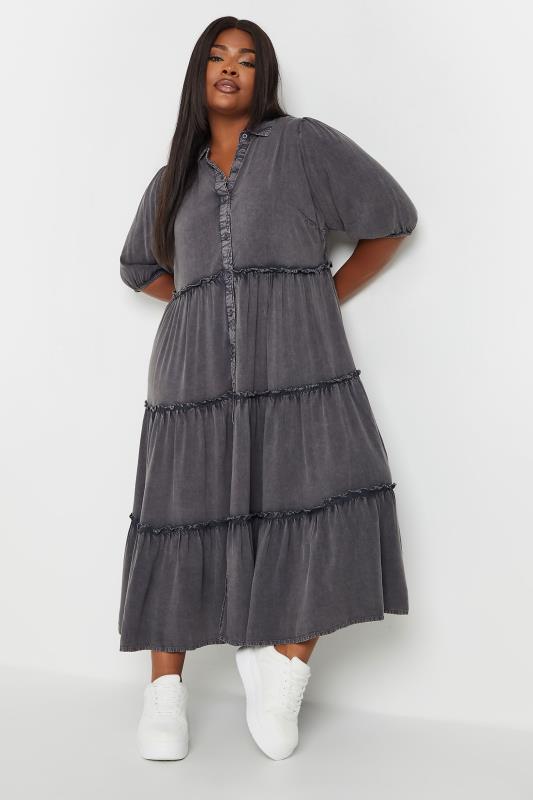 YOURS Plus Size Grey Acid Wash Tiered Shirt Dress | Yours Clothing 2