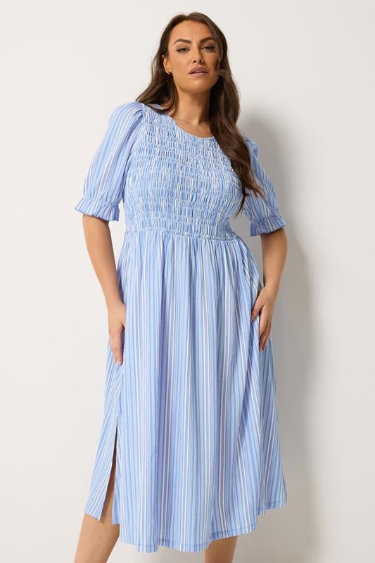 YOURS Curve Blue Shirred Stripe Print Dress